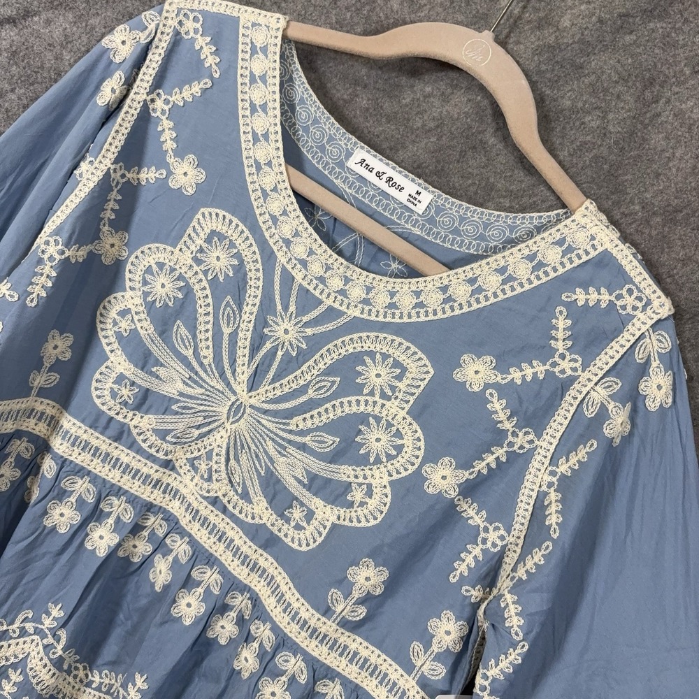 Ana & Rose Embroidered Top Womens Sz M Blue Scalloped Trim Boho Peasant NWT